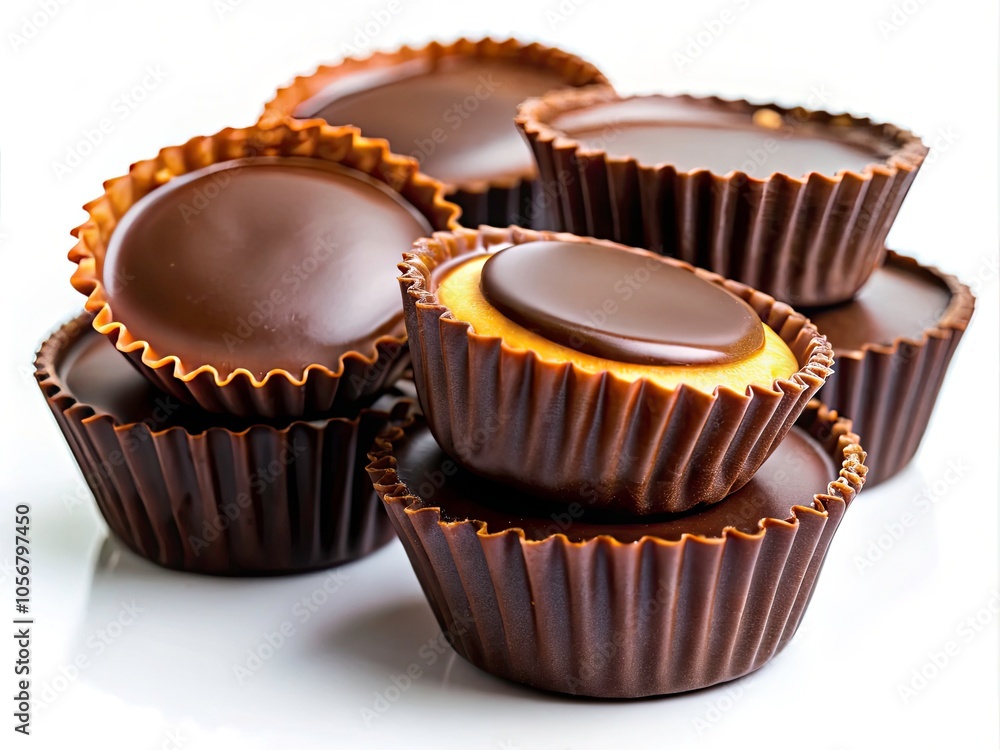 Scrumptious Dark Chocolate Peanut Butter Cups on White Background - Delicious Treats, Indulgent Desserts, Chocolate Lovers, Sweet Snacks, Confectionery Bliss, Gourmet Candy Scrumptious Dark Chocolate Peanut Butter Cups on White Background - Delicious Treats, Indulgent Desserts, Chocolate Lovers, Sweet Snacks, Confectionery Bliss, Gourmet Candy