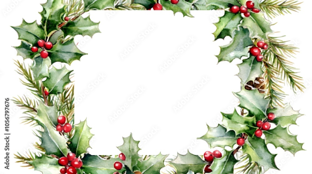 Watercolor Christmas Greenery Wreath with Square White Space Center, Perfect for Holiday Clipart on White Background, Featuring Evergreen Leaves, Berries, and Festive Seasonal Design Elements Watercolor Christmas Greenery Wreath with Square White Space Center, Perfect for Holiday Clipart on White Background, Featuring Evergreen Leaves, Berries, and Festive Seasonal Design Elements