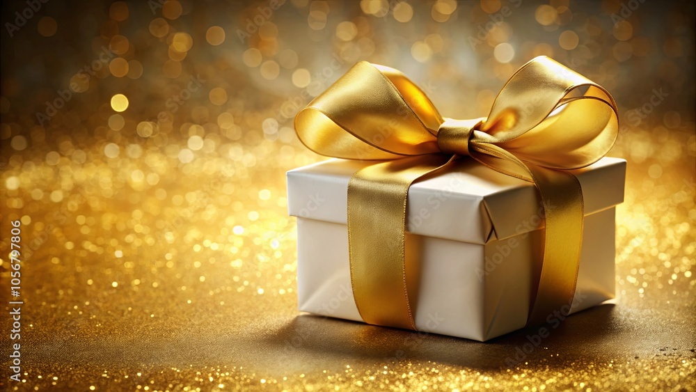 A Delicate White Gift Box Adorned with a Luxurious Golden Ribbon Resting on a Bed of Sparkling Gold A Delicate White Gift Box Adorned with a Luxurious Golden Ribbon Resting on a Bed of Sparkling Gold