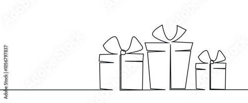 Christmas Gift Box, Outline Drawing of Gift Box, Lineart gift boxes. Single Counter line design. Gifts Symbol Icon Logo. Christmas Day greeting card banner template. Vector Illustration
