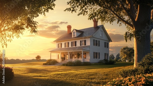 A large white house with a porch and a tree in front of it