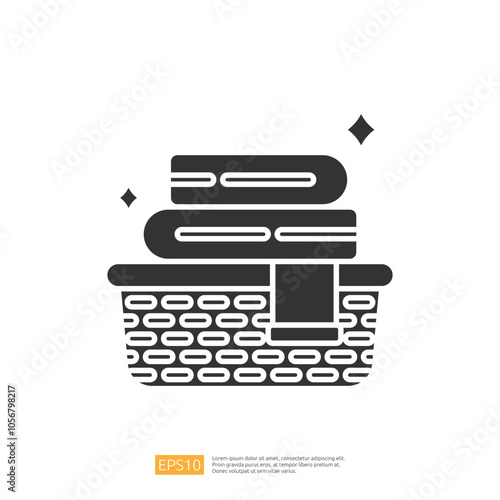 A simple graphic illustration of a basket containing stacked towels or blankets, symbolizing comfort and organization.