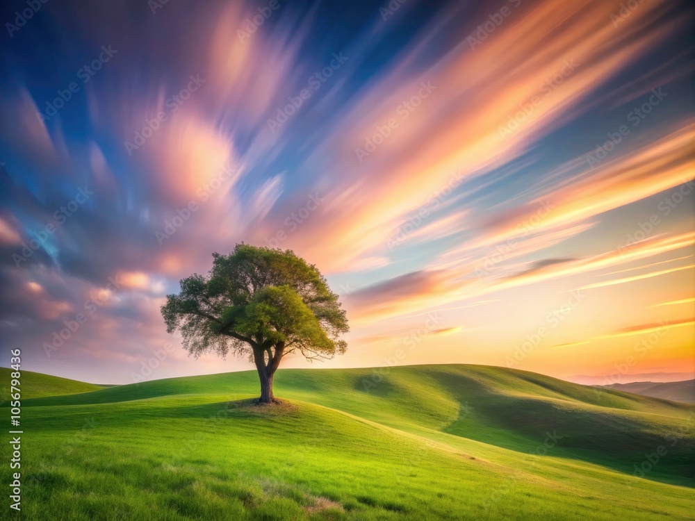 Fototapeta premium Serene Hills and Tree in Soft Sky - Long Exposure Landscape for Relaxation and Nature Themes