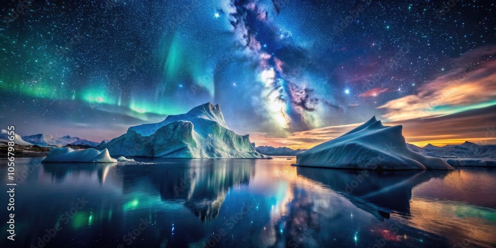 Obraz premium Serene Iceberg in Tranquil Waters Under Dramatic Sky Night Photography of Icebergs, Reflections, Nature, Landscape, Starry Sky, Northern Lights, Serenity, Calm Waters, Arctic Beauty, Nighttime Scenery