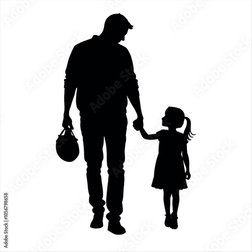 A man is holding a child's hand. The child is wearing a dress