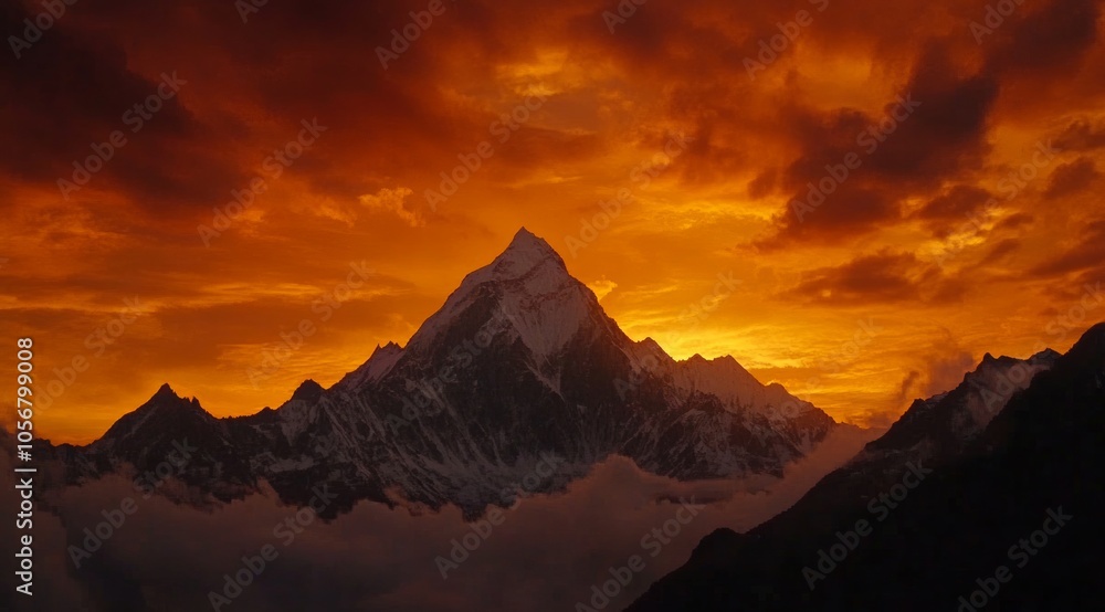 Naklejka premium Fiery Sunset Over Majestic Mountain Peaks