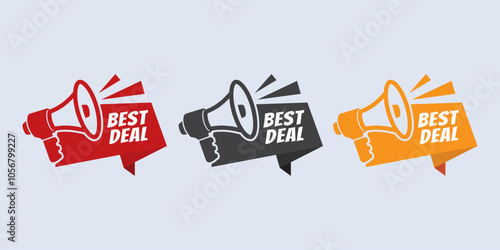 Best deal sticker promotion tag with megaphone icon. Flat vector illustration on white background