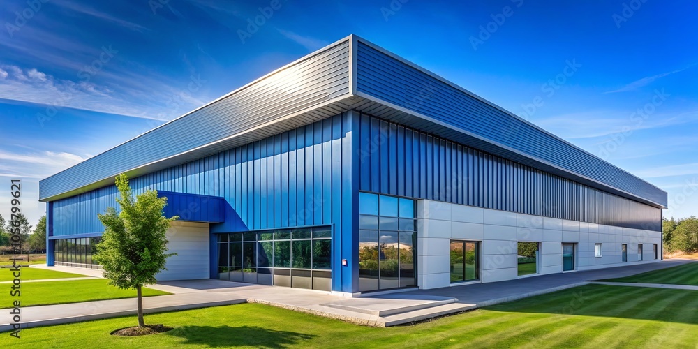 Fototapeta premium Modern industrial building with blue siding and large windows, surrounded by lush green grass and a blue sky