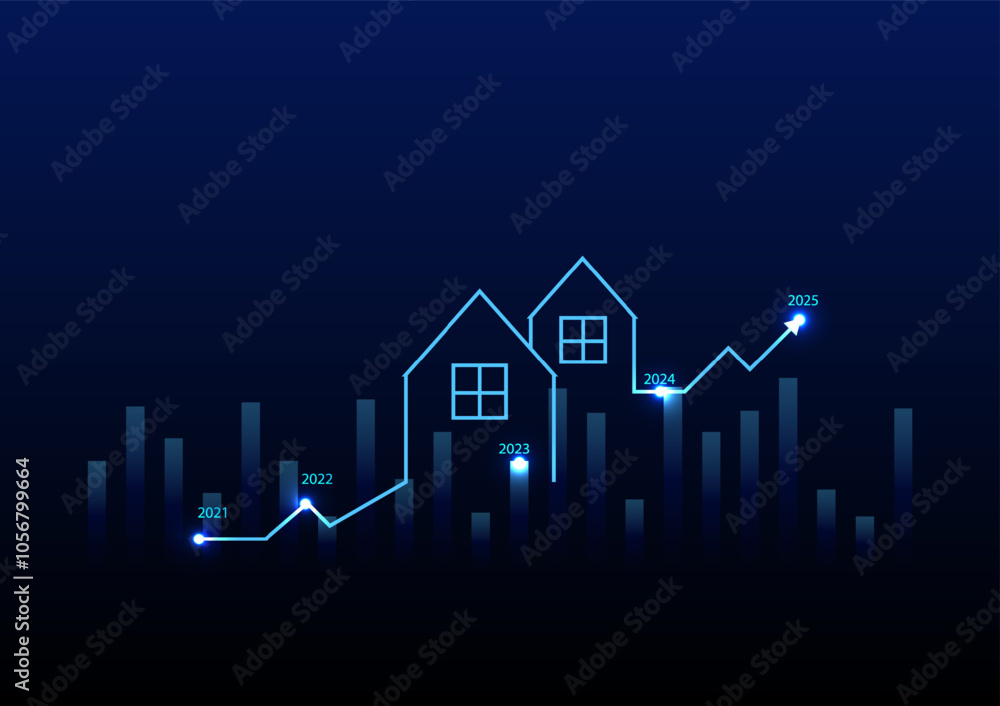 Naklejka premium Real estate investment concept. The glowing and neon light of the home with an upper arrow graph on a dark blue background. Property growth and profit for the future.