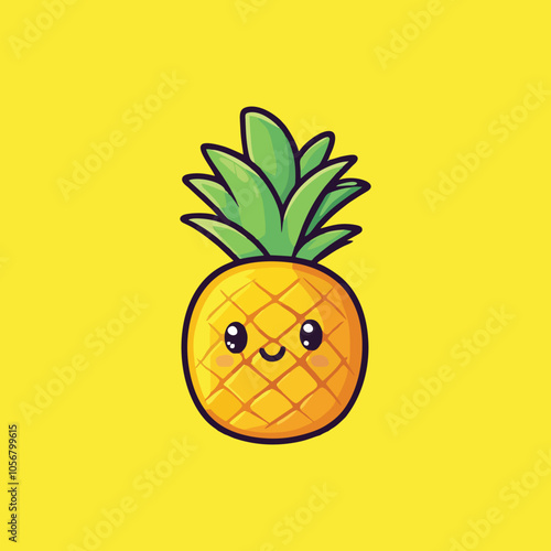 Cute Pineapple Cartoon with Happy Face on Yellow Background Illustration