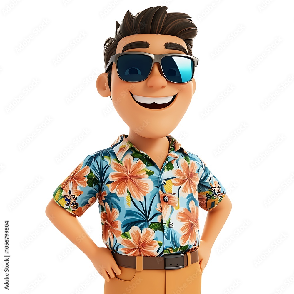 Cartoon guy with a happy expression in a Hawaiian shirt and sunglasses on a white background. Cartoon guy with a happy expression in a Hawaiian shirt and sunglasses on a white background.