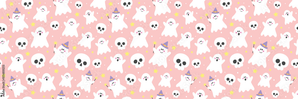 Fototapeta premium Halloween background. Seamless texture with cute ghosts and skulls. Banner. Vector illustration