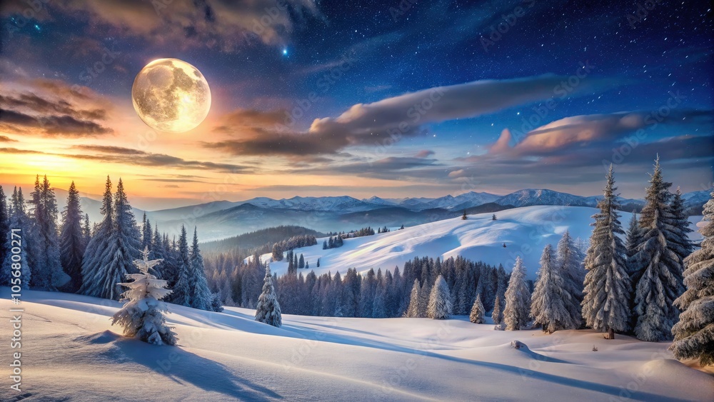 Serene Winter Landscape with Snow-Covered Hills and Full Moon Rising at Night - Tranquil Nature Scene, Night Sky, Snowy Terrain, Winter Wonderland, Full Moon Glow Serene Winter Landscape with Snow-Covered Hills and Full Moon Rising at Night - Tranquil Nature Scene, Night Sky, Snowy Terrain, Winter Wonderland, Full Moon Glow