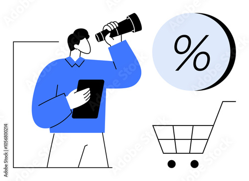 Man holding a tablet and looking through a telescope at a percentage symbol next to a shopping cart. Ideal for business analysis, market research, e-commerce, sales strategy, finance, discounts