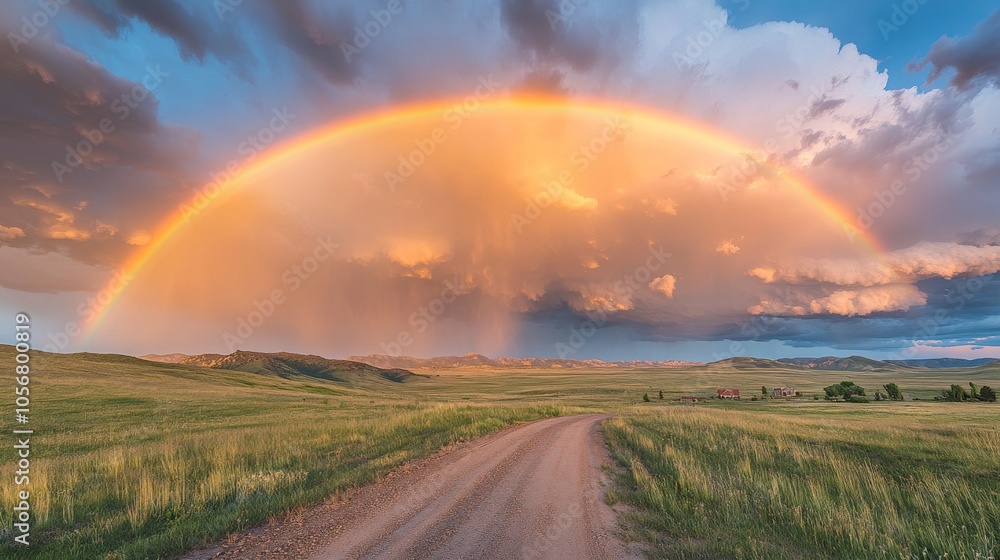 Rural Road Winding Towards A Rainbow Arcing Over Rolling Hills Rural Road Winding Towards A Rainbow Arcing Over Rolling Hills