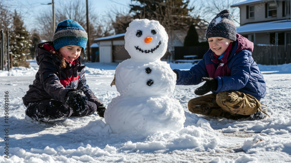 The magic of winter: children molding a snowman. The magic of winter: children molding a snowman.
