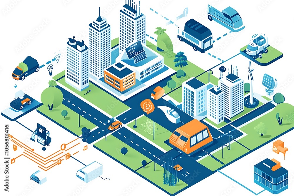 Smart Cities Business Innovation illustration with 3d buildings, hi speed train and green living Smart Cities Business Innovation illustration with 3d buildings, hi speed train and green living
