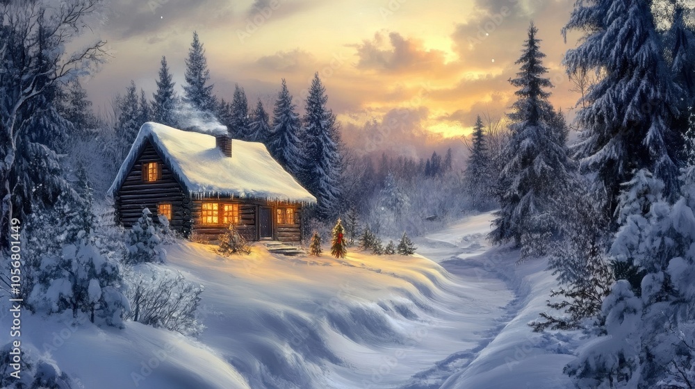 Serene Winter Wonderland: A Cozy Cabin in the Snowy Landscape