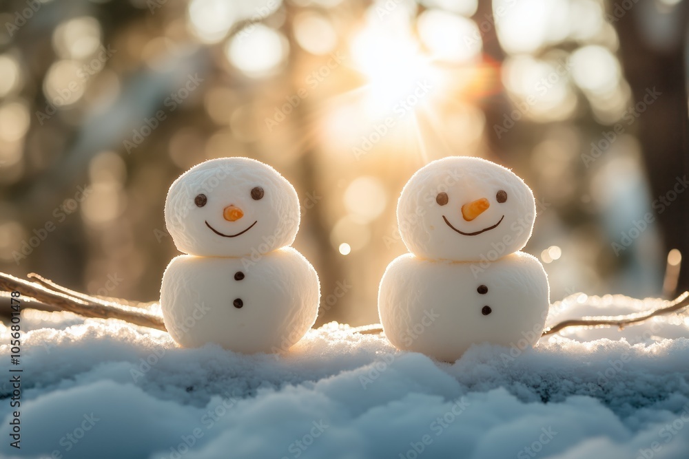 Marshmallow snowmen playfully perched on a bed of snow Marshmallow snowmen playfully perched on a bed of snow