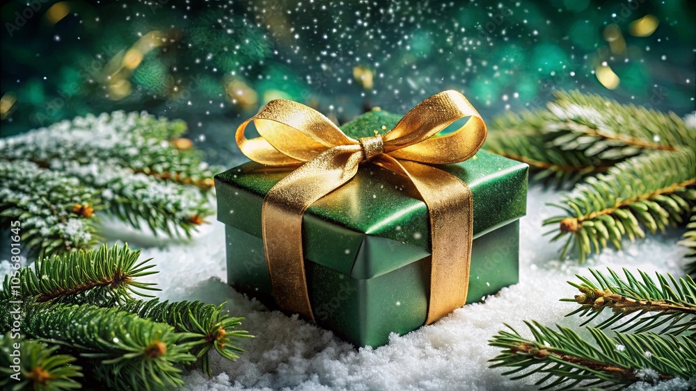 A Festive Gift Adorned with a Golden Bow, Nestled Among Evergreen Branches and a Blanket of Snow A Festive Gift Adorned with a Golden Bow, Nestled Among Evergreen Branches and a Blanket of Snow