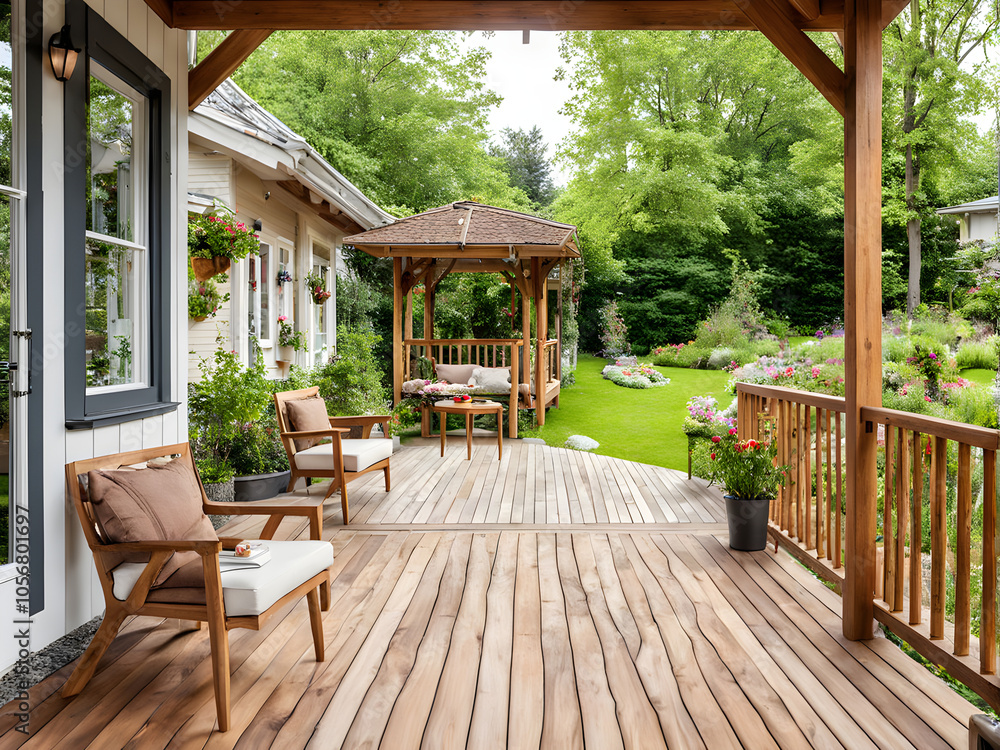 Fototapeta premium View on pretty cozy garden with rest area on a wooden porch