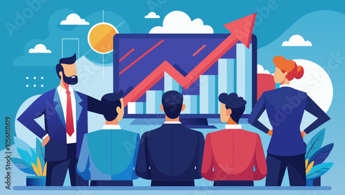 Illustrate a team of businessmen witnessing a rising graph on a screen, forming an upward chart, symbolizing success and business growth