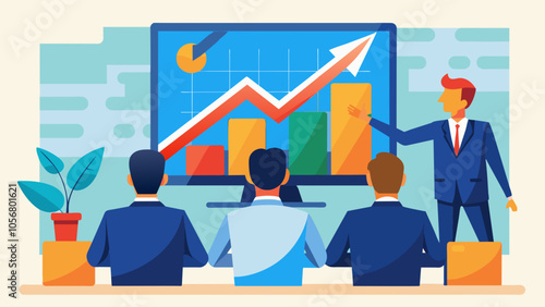 Illustrate a team of businessmen witnessing a rising graph on a screen, forming an upward chart, symbolizing success and business growth