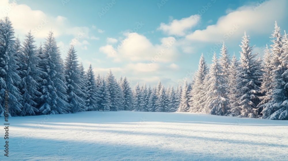 Serene Winter Wonderland Landscape with Snowy Pine Trees and Frozen Lake Serene Winter Wonderland Landscape with Snowy Pine Trees and Frozen Lake