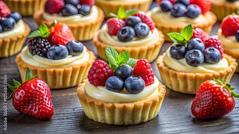 A close-up shot of an assortment of delicate pastries, each adorned with a medley of fresh berries and a delicate sprig of mint, resting atop a rustic wooden surface. A close-up shot of an assortment of delicate pastries, each adorned with a medley of fresh berries and a delicate sprig of mint, resting atop a rustic wooden surface.