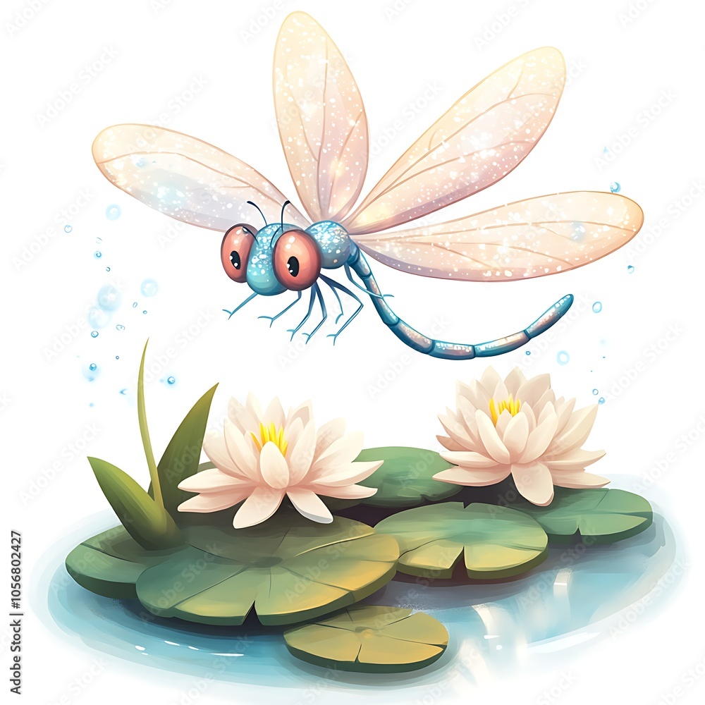 A cartoon dragonfly with sparkling wings, playfully hovering above a pond with lily pads on a white background. A cartoon dragonfly with sparkling wings, playfully hovering above a pond with lily pads on a white background.