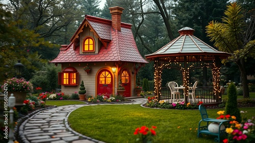 Charming Cottage with Gazebo in Lush Garden Setting photo