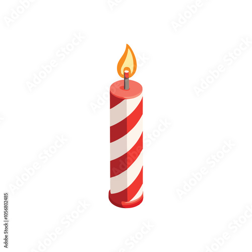 Red and White Striped Candle on White Background with Flame