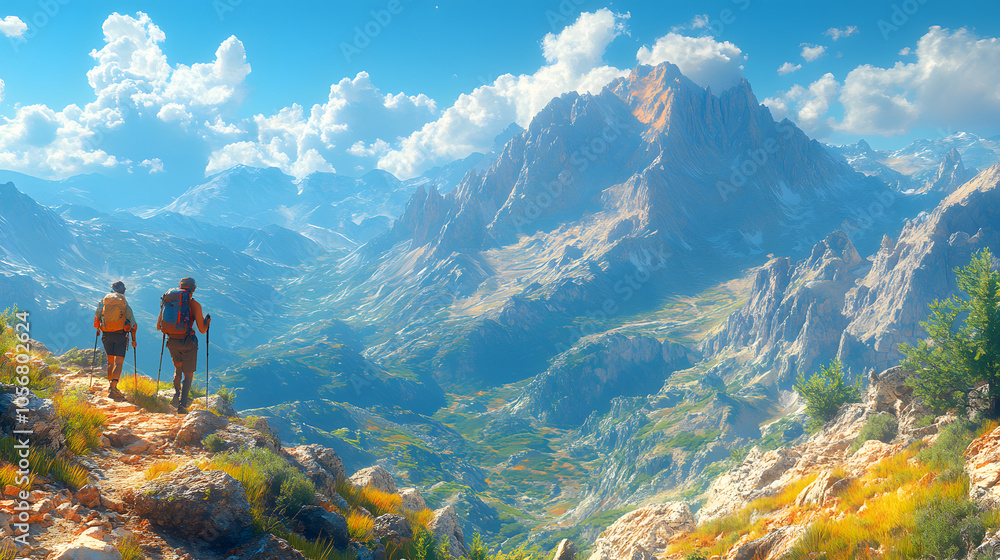 Rugged Hiking Trail Winding Through Tall Mountains with Hikers and Scenic Peaks, Perfect for Adventure and Nature Photography
Rugged Hiking Trail Winding Through Tall Mountains with Hikers and Scenic Peaks, Perfect for Adventure and Nature Photography