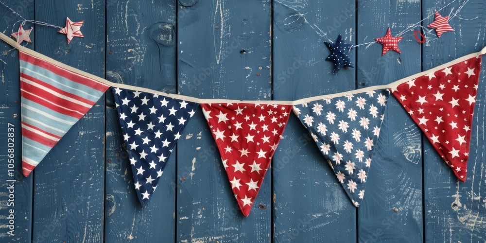 Obraz premium Colorful bunting with stars and stripes on a rustic blue wooden background, perfect for patriotic celebrations and festive decorations.