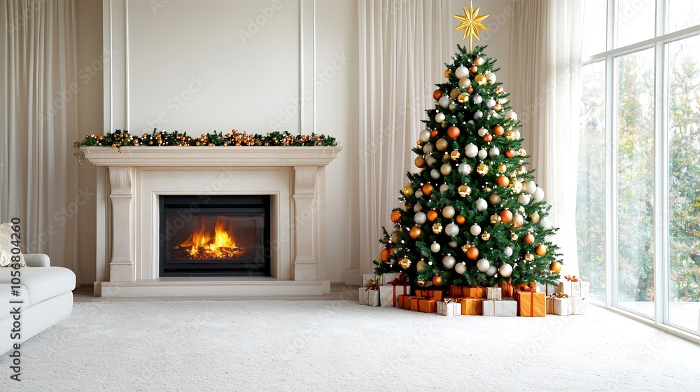 An upscale living room decorated for the holidays, showcasing a magnificent Christmas tree adorned with luxurious ornaments and a golden star on top, set against a cozy fireplace. The rich textures An upscale living room decorated for the holidays, showcasing a magnificent Christmas tree adorned with luxurious ornaments and a golden star on top, set against a cozy fireplace. The rich textures