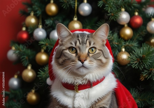 cat in a festive Santa suit against the background of a Christmas tree