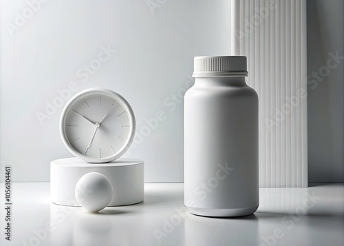 Stylish Still Life: A White Pill Bottle with a Clock at 11:55 for Health and Time Management Themes photo