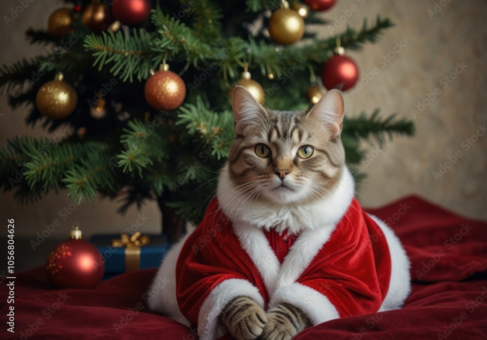 cat in a festive Santa suit against the background of a Christmas tree cat in a festive Santa suit against the background of a Christmas tree