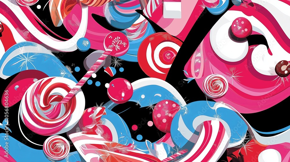Fototapeta premium A fun and vibrant background featuring colorful candy, lollipops, and swirls. 