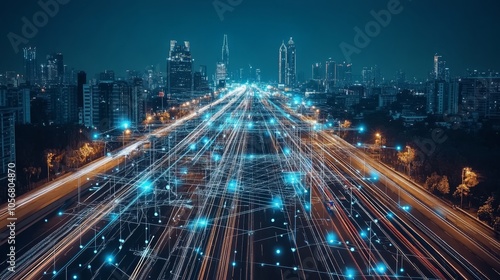 Nighttime Cityscape with Illuminated Road and Abstract Network Design