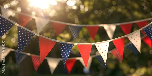 Vibrant red, white, and blue bunting flags hanging outdoors with sunlight filtering through trees, creating a festive and patriotic atmosphere.