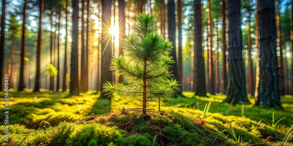 A Single Pine Sapling Bathed in Warm Sunlight Amongst a Forest of Tall Trees with Lush Green Moss Covering the Ground A Single Pine Sapling Bathed in Warm Sunlight Amongst a Forest of Tall Trees with Lush Green Moss Covering the Ground