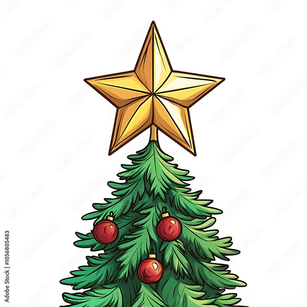 Cartoon Christmas star on top of a tree on a white background. Cartoon Christmas star on top of a tree on a white background.