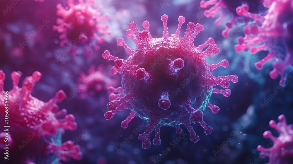 A close up of a virus with pink and blue colors. The virus is surrounded by a blue background A close up of a virus with pink and blue colors. The virus is surrounded by a blue background