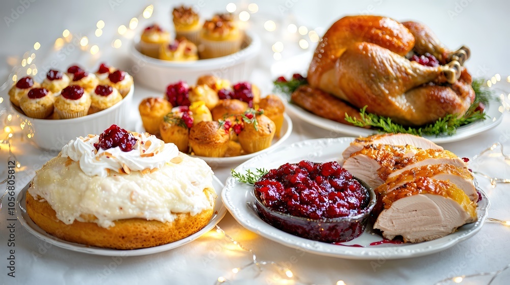 A beautifully arranged festive table setting featuring an array of gourmet dishes such as roasted turkey, cranberry sauce, and elegant desserts, all captured in rich, vivid colors. The background A beautifully arranged festive table setting featuring an array of gourmet dishes such as roasted turkey, cranberry sauce, and elegant desserts, all captured in rich, vivid colors. The background