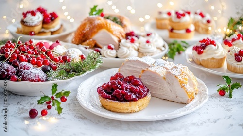 A beautifully arranged festive table setting featuring an array of gourmet dishes such as roasted turkey, cranberry sauce, and elegant desserts, all captured in rich, vivid colors. The background