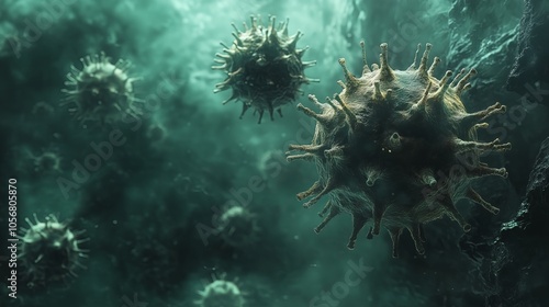 A bunch of viruses are floating in the water. The viruses are small and have a lot of spikes