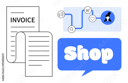 Online shopping process journey with icons for marketing, shopping cart, and customer satisfaction. Shows an invoice with billing details. Ideal for e-commerce, digital payments, retail management