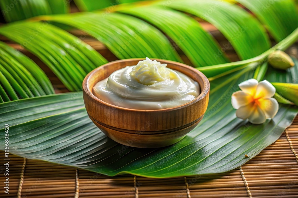 Surreal Tropical Body Butter in a Bowl on Bamboo Mat Surrounded by Lush Greenery for Relaxation and Skincare Aesthetic Surreal Tropical Body Butter in a Bowl on Bamboo Mat Surrounded by Lush Greenery for Relaxation and Skincare Aesthetic