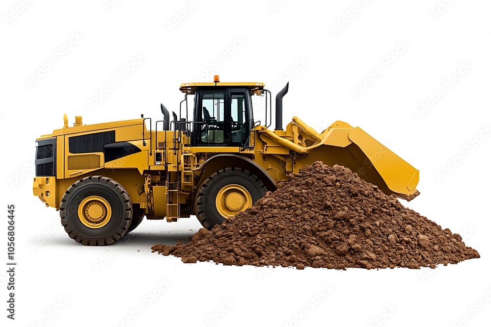 Wheel loader digging soil in the construction site on isolated white background. Wheel loader digging soil in the construction site on isolated white background.